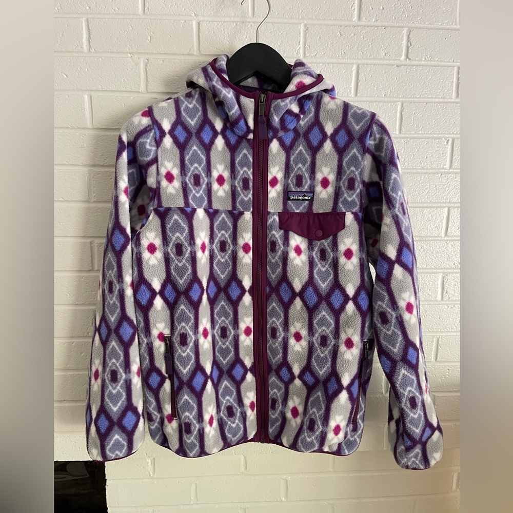 Patagonia synchilla hooded full zip fleece jacket. Unique pattern. Size L. GUC